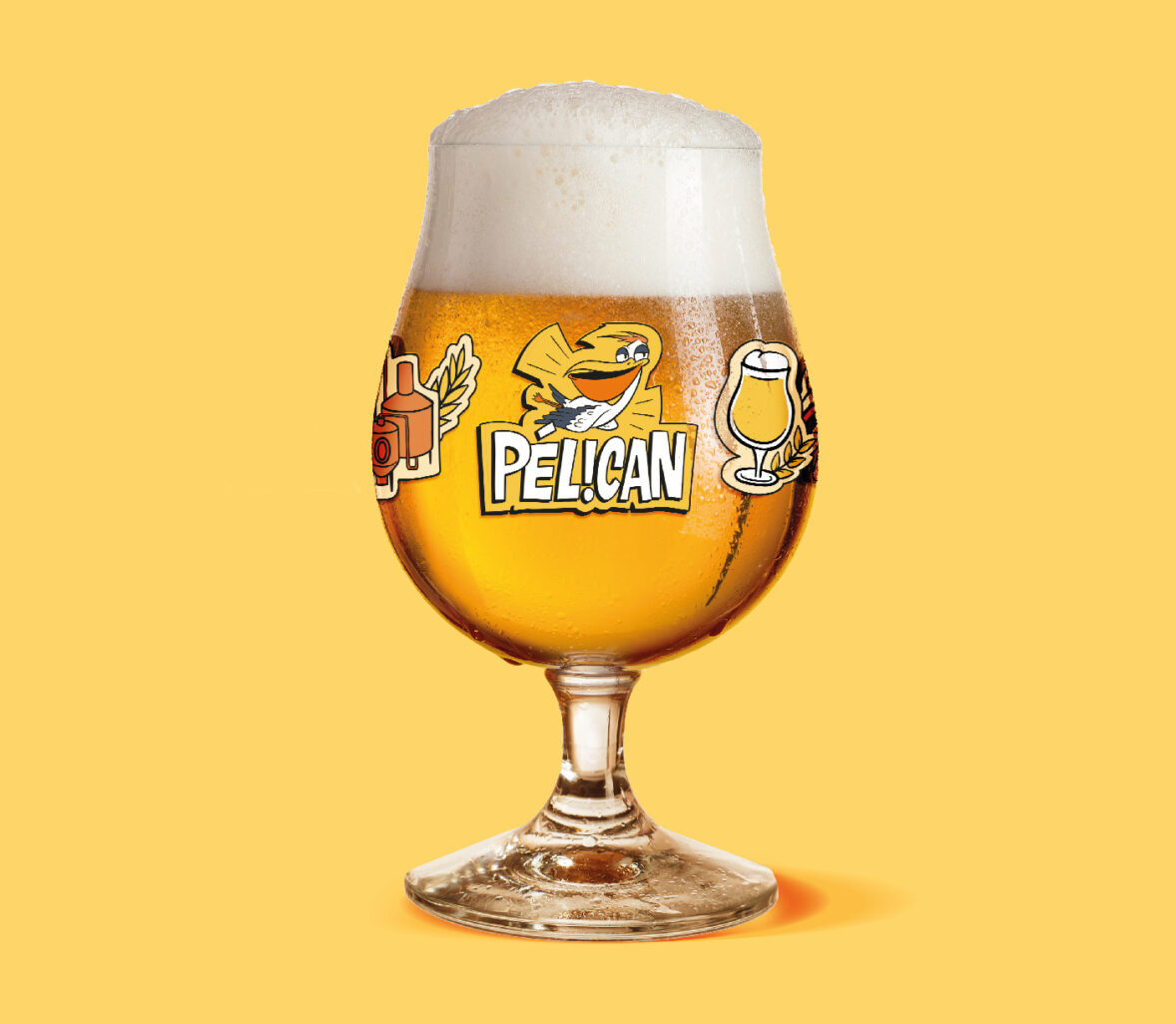 Verre de Bière Pelican à la Pression, sur fond jaune